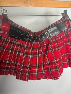Royal Bones Red Plaid Pleated Mini Skirt with Black Buckle Belt